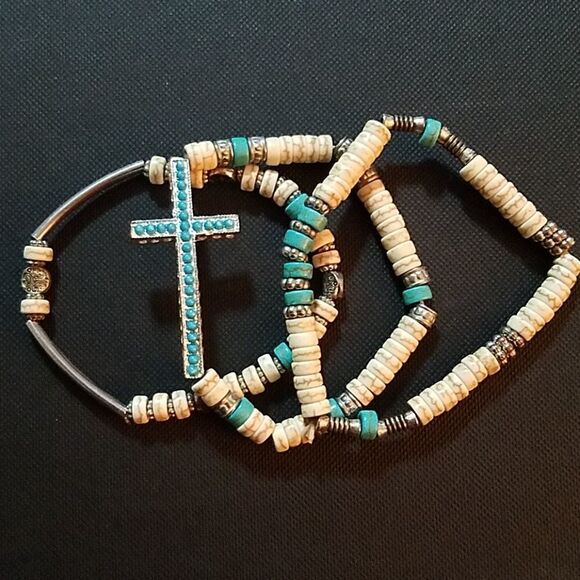 Bundle of 3 Turquoise, Silver, & Cream Bracelets - Picture 1 of 2